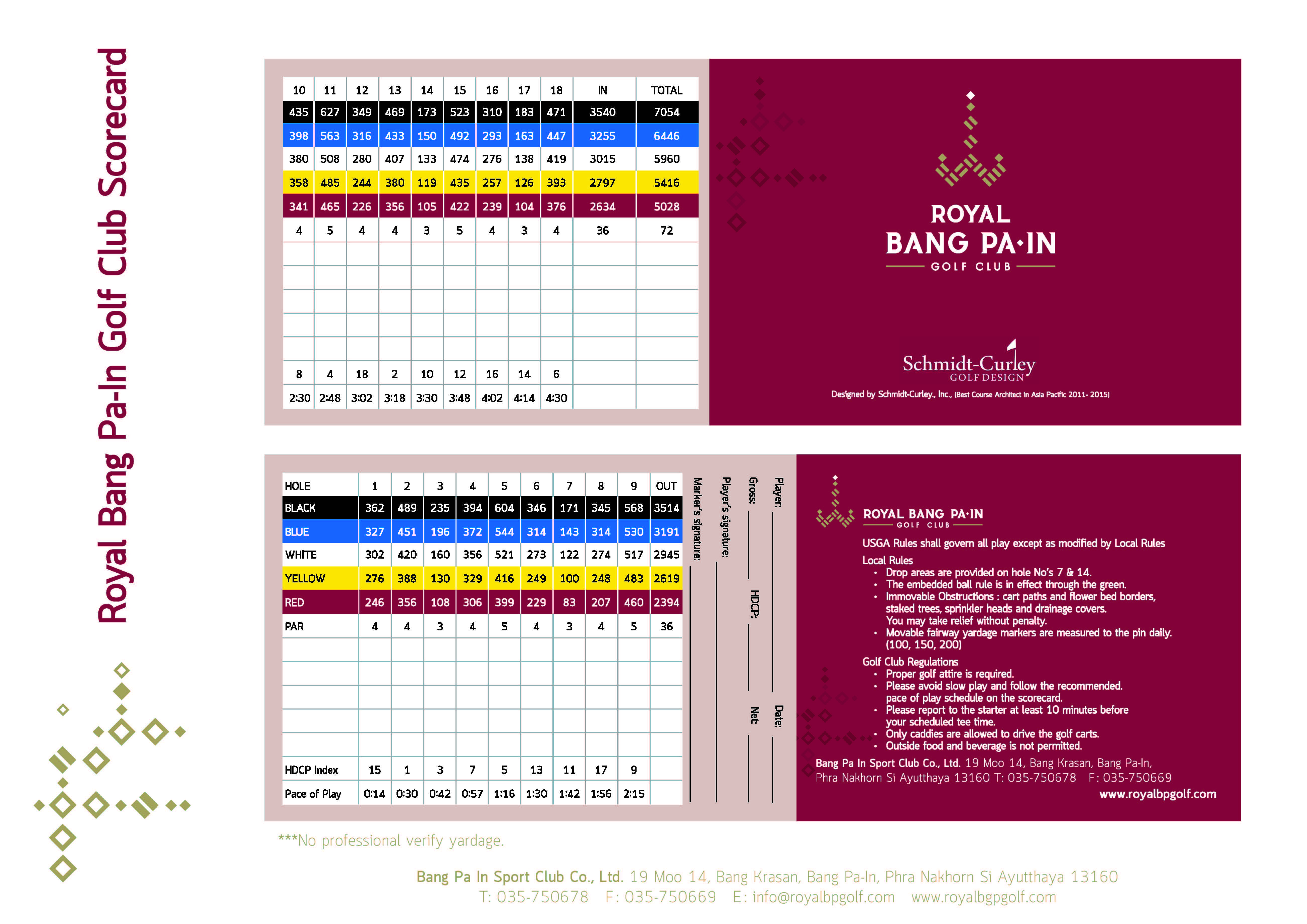 Royal Bang Pa-In Golf Club Score Card